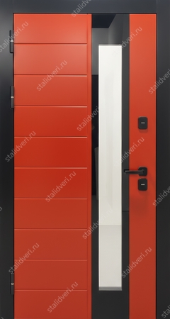 Стальная термодверь с оранжевыми панелями МДФ (RAL 2017), черными наличниками и удлиненным стеклопакетом Стальная термодверь с оранжевыми панелями МДФ (RAL 2017), черными наличниками и удлиненным стеклопакетом