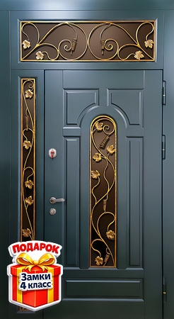 Парадная металлическая термодверь с остеклением, коваными решетками и отделкой МДФ RAL