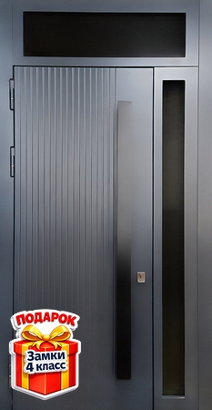 Металлическая термодверь с остекленными вставками, бугельной ручкой и серыми панелями МДФ RAL