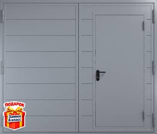 Распашные противопожарные ворота «сендвич» серого цвета с калиткой