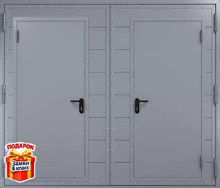 Распашные серые противопожарные ворота «сендвич» с калитками