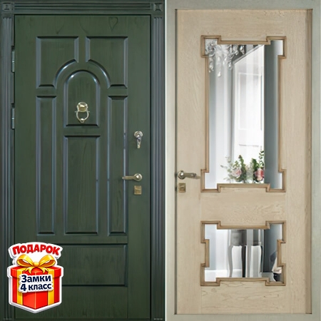 Металлическая дверь с кнокером, зеленым МДФ RAL шпон и МДФ с зеркалами внутри