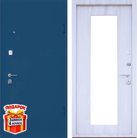 Металлическая дверь с синим порошковым напылением и МДФ с большим зеркалом внутри