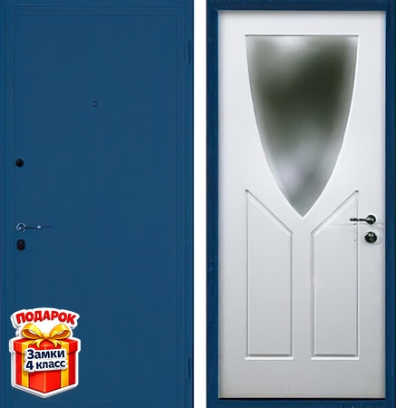 Металлическая дверь с синим порошковым напылением и белым МДФ с фигурным зеркалом внутри