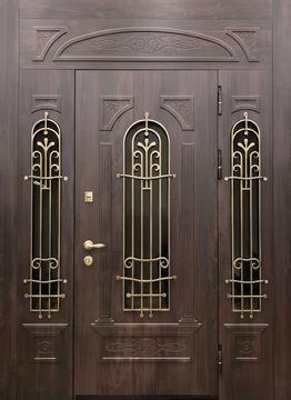 Входная группа с терморазрывом, тремя стёклами и коваными решётками, отделкой МДФ с фрезерованием Входная группа с терморазрывом, тремя стёклами и коваными решётками, отделкой МДФ с фрезерованием