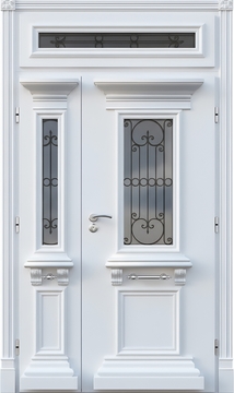 Полуторастворчатая парадная термодверь с верхней вставкой, стеклом и ковкой (отделка белыми панелями МДФ с багетом) Полуторастворчатая парадная термодверь с верхней вставкой, стеклом и ковкой (отделка белыми панелями МДФ с багетом)