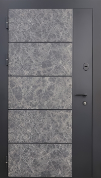 Стальная квартирная дверь с черными панелями МДФ и вставками с текстурой камня Стальная квартирная дверь с черными панелями МДФ и вставками с текстурой камня
