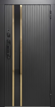 Стальная дверь с черными панелями МДФ, контрастными полосками и электронным замком Стальная дверь с черными панелями МДФ, контрастными полосками и электронным замком
