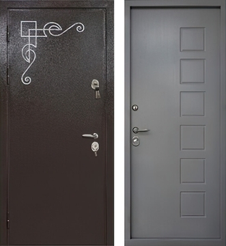 Металлическая порошковая дверь с ковкой и серым МДФ RAL внутри Металлическая порошковая дверь с ковкой и серым МДФ RAL внутри