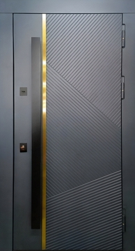 Металлическая дверь с панелями МДФ «антрацит», с бугельной ручкой и полоской «латунь» Металлическая дверь с панелями МДФ «антрацит», с бугельной ручкой и полоской «латунь»